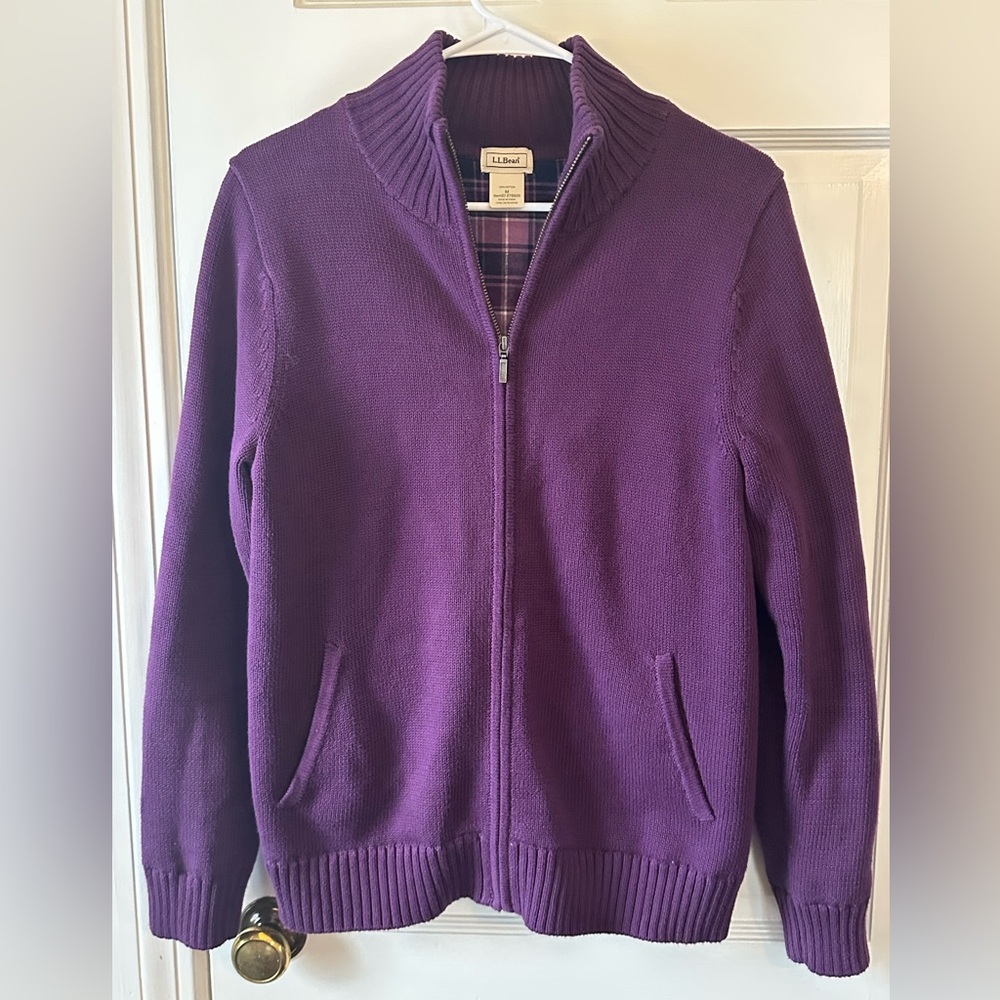 L.L. Bean 100% Cotton Purple Flannel Lined Zip-Up Sweater
